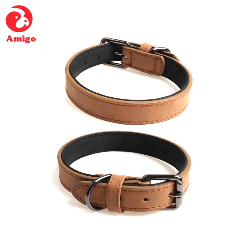 

Amigo High Quality Classic Double Layer luxury waterproof adjustable padded metal buckle PU leather pet dog collar