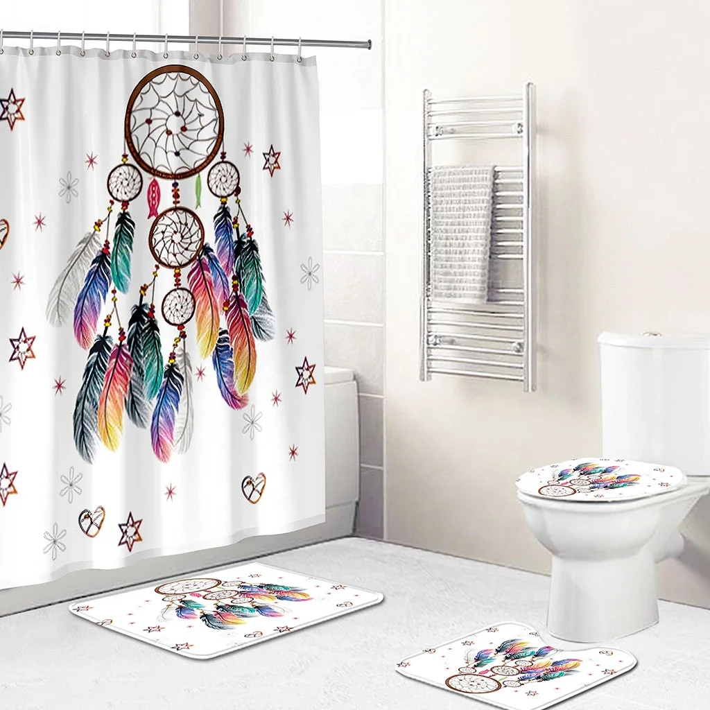 

Custom Art Dream Catcher Feathers Design Waterproof Shower Curtains 4 pcs Sets 3D Print With Standard Size For Hotel Home, Custom-made