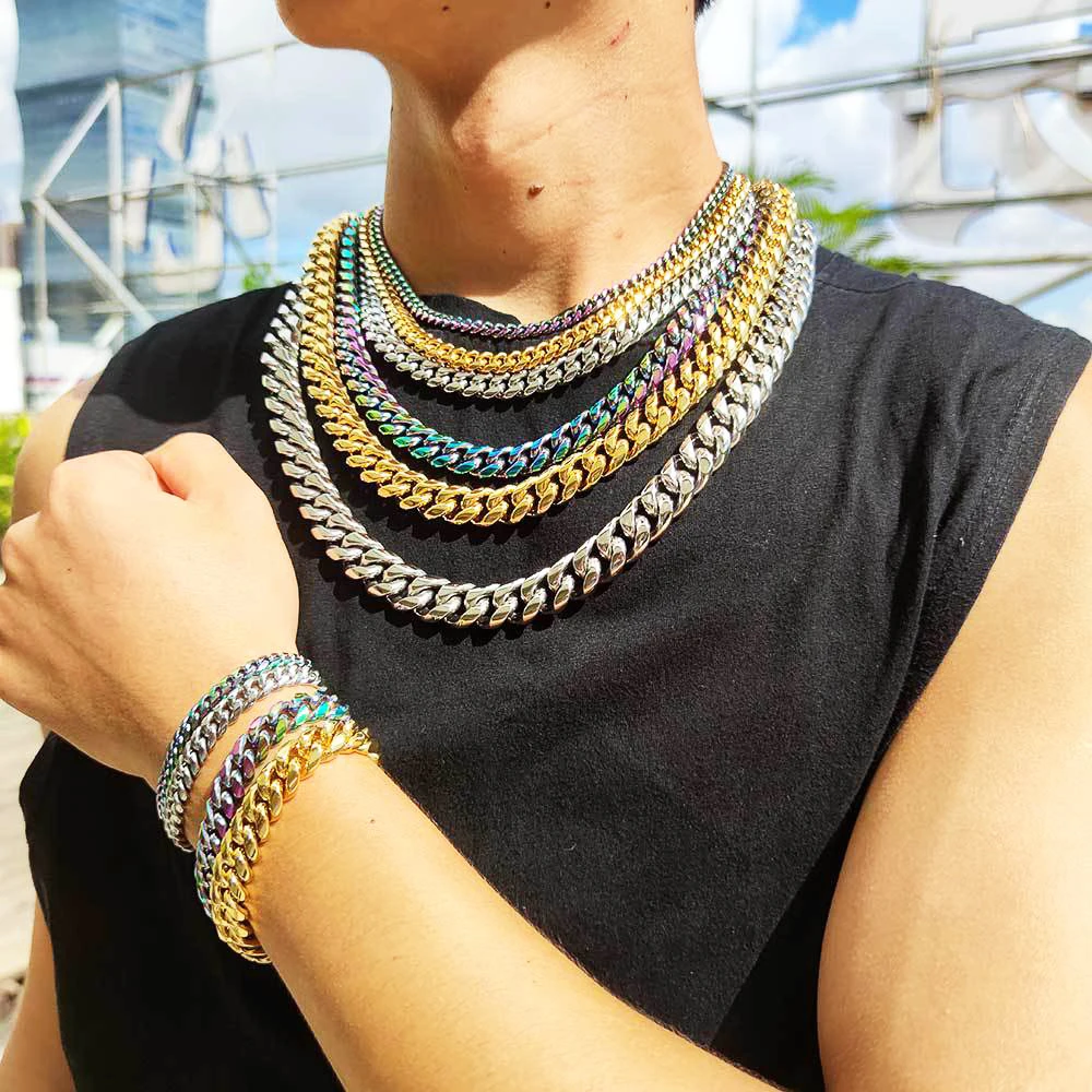 

Wholesale Hip Hop colorful cuban mens chain cuban cz chain clasp 24k gold cuban chains necklace stainless steel Jewelry