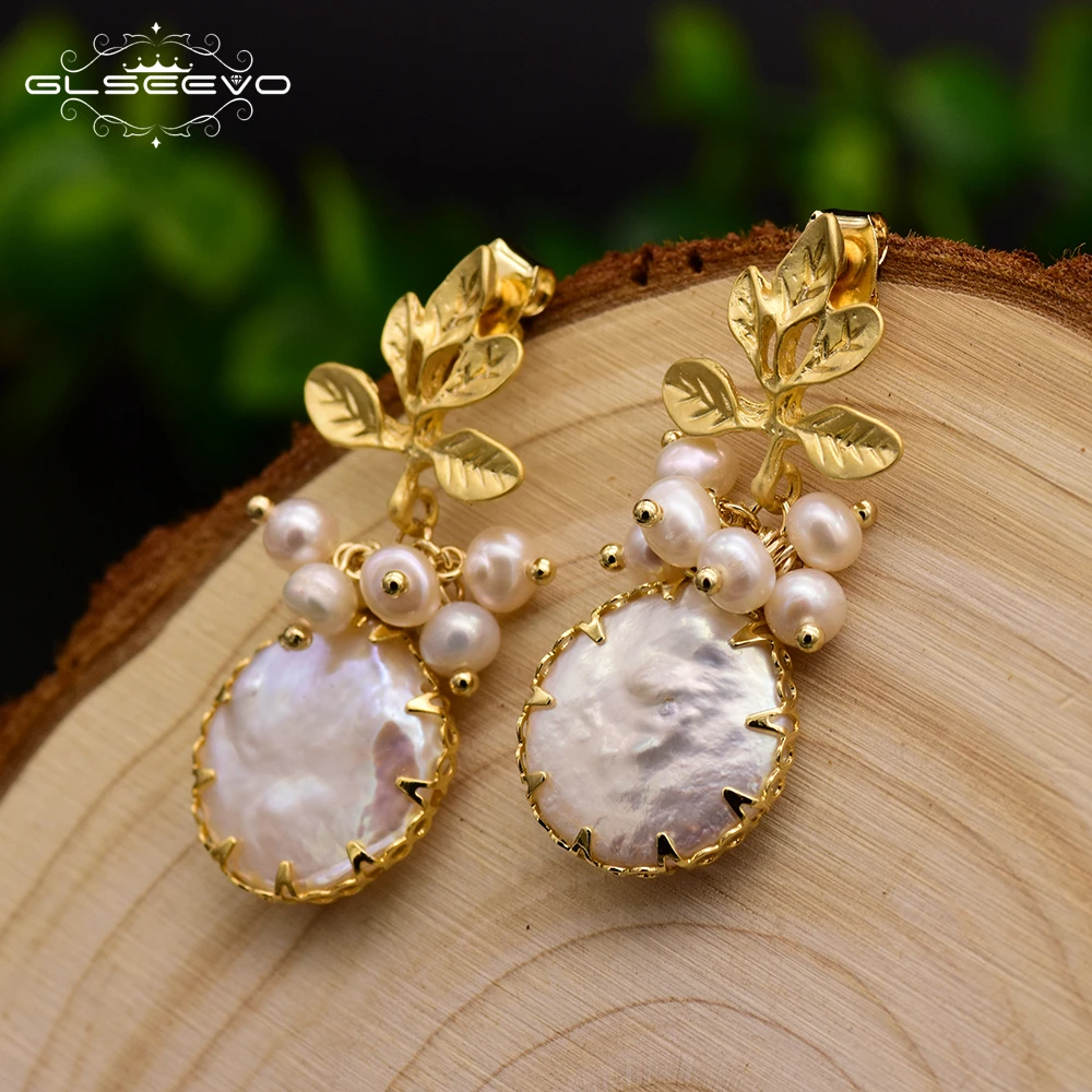 

GLSEEVO Natural Fresh Water Baroque Pearl Earrings For Women Plant Leaves Dangle Earrings Luxury Handmade Fine Jewelry GE0308