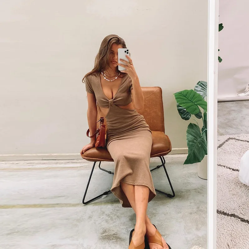 

2021 Trendy Women Solid Color Midi Short Sleeve Bodycon Wysbaoshu V Neck Slim Club Part Drop Waist Dress