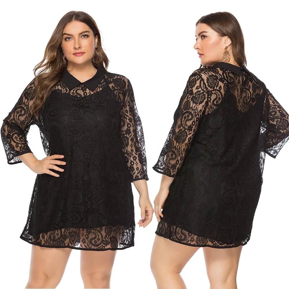 

Summer women's two-piece sexy lace stitching three-quarter sleeve dress black women clothing