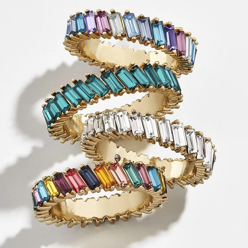 

New 18k gold Colorful Rainbow Zirconia Diamond Baguette Eternity Bevel Crystal Ring for Women, Golden