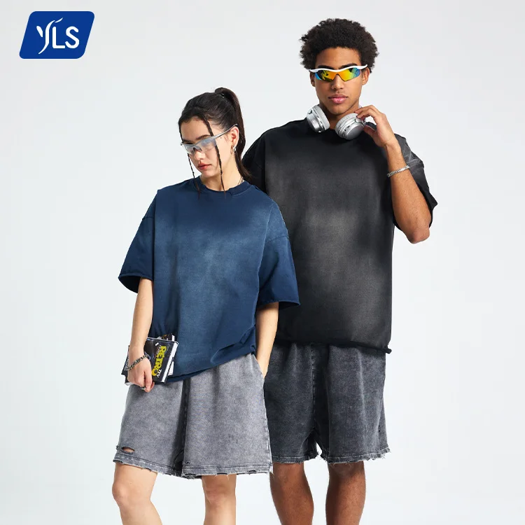 YLS1242 Unisex 305GSM Thick Cotton Hip Hop T-Shirt Raw Hem High Quality Custom Monkey Wash Sun Faded T Shirts