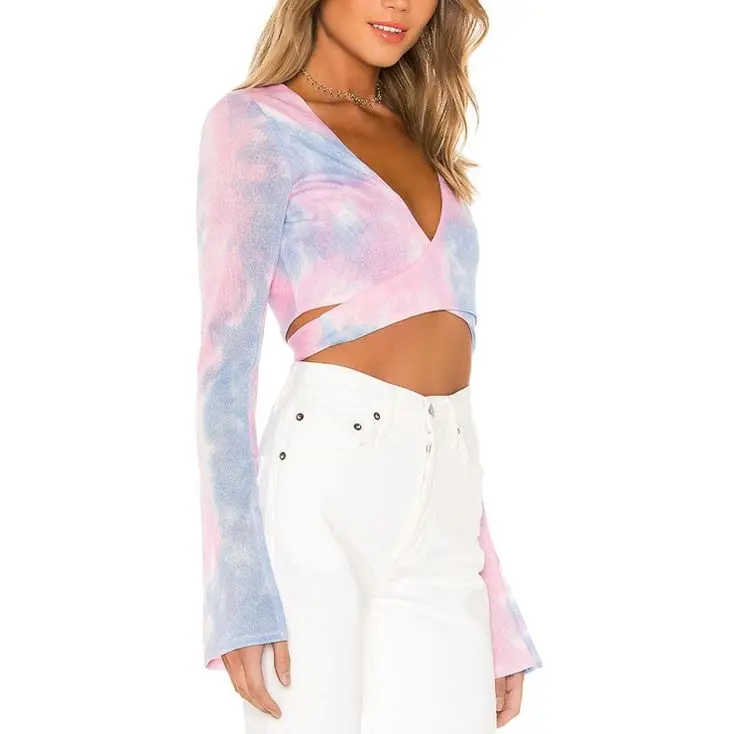 

Wholesale Long Sleeve Cotton Knit Tie Dye Crop Top Women Sexy T Shirt, Picture show