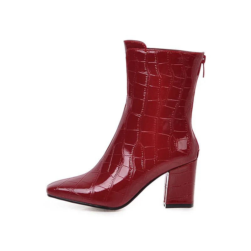 

Women Ankle Boots Patent Leather Crocodile Print Red Square Toe Chunky Heel 3" Booties, Black/red/white