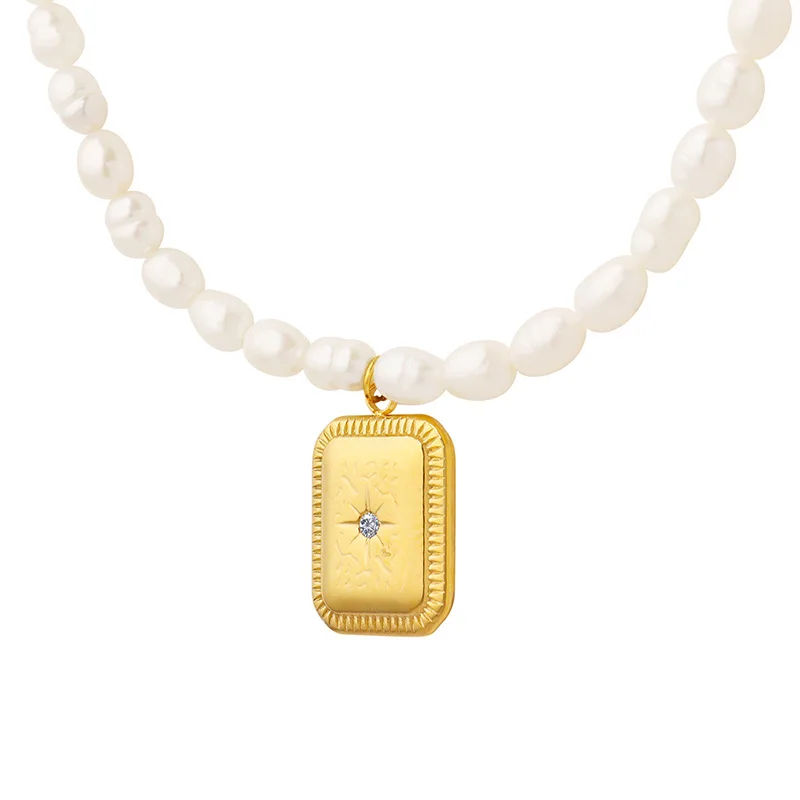 

JOOLIM 18K Gold Plated Freshwater Pearl North Star Rectangle Pendant Necklace Trendy Stainless Steel Jewelry Wholesale