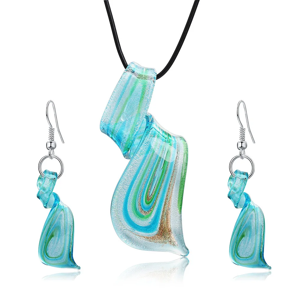 

Beautiful Blue Glass Geometric Spiral Pattern Earrings Necklace Set Murano Glass Necklace Jewelry set, Picture shows/custom color