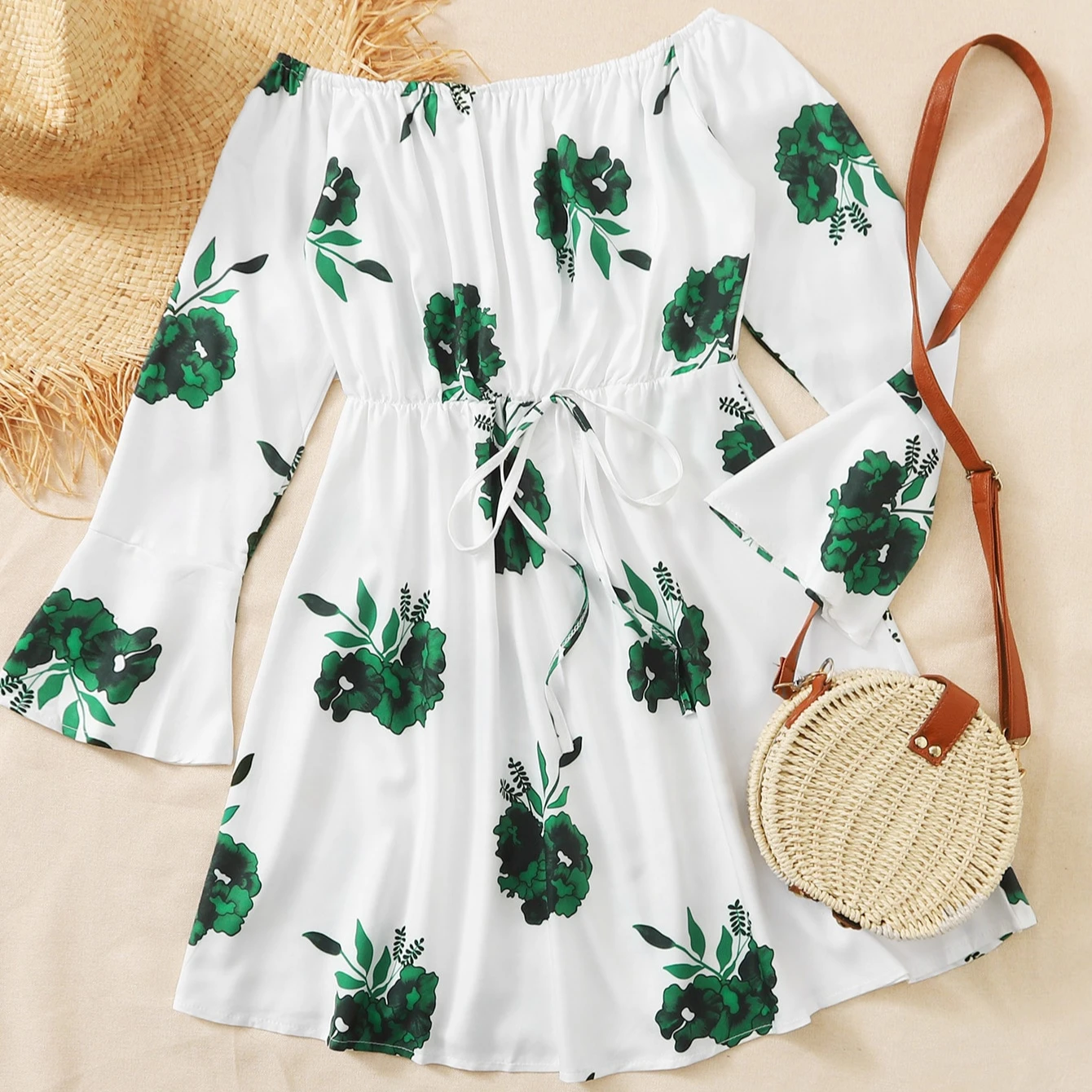 

Shein Fashion 2021 Dress Women Flounce Sleeve Off Shoulder Dress Girls Drawstring Waist Floral Dress