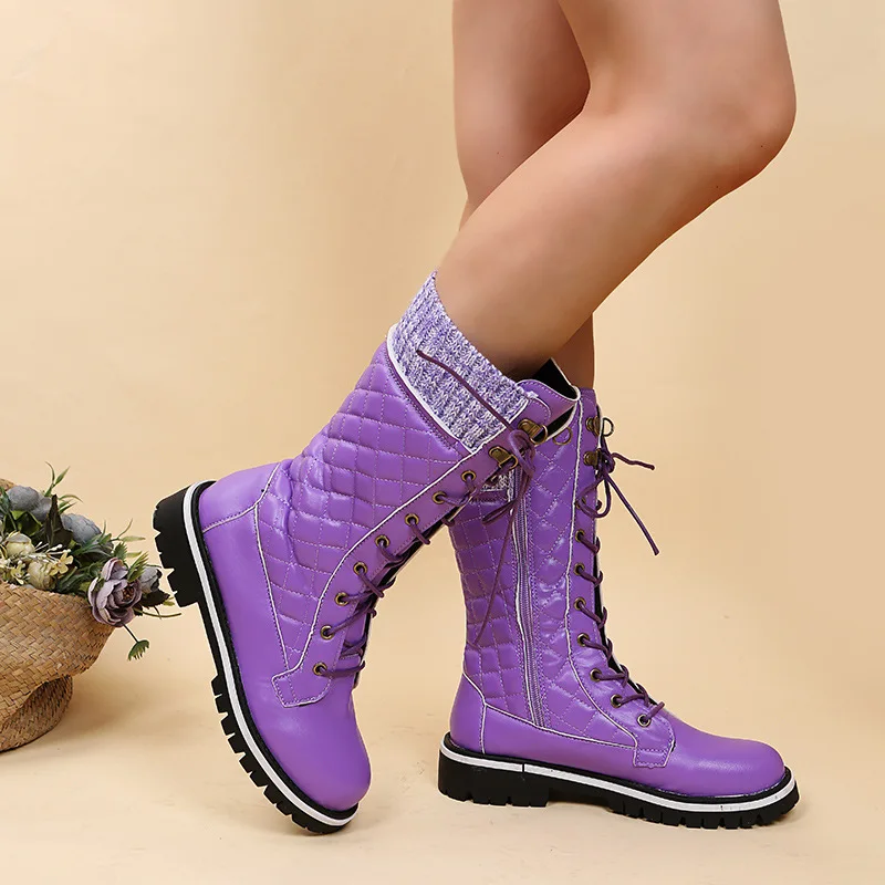 

Factory Outlet Women's Boots Solid Color Plaid Round Toe Platform Lace-up Zip Ladies Calf Boots
