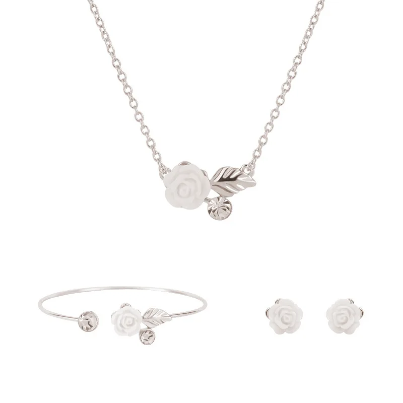 

Rhinestone Necklace Earrings Bracelets Flower Jewelry Three-Piece Set, Multi