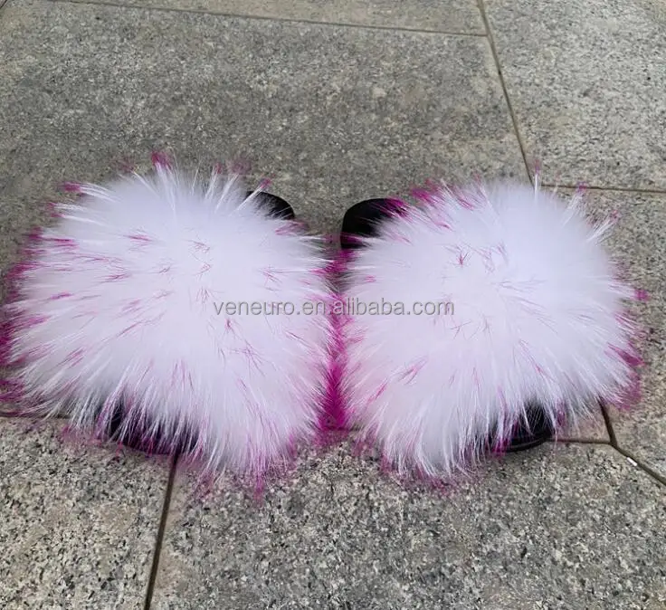 

New arrived Women fuzzy real raccoon fur slippers real fox fur flip flops womens fur sandals slides, Customized color