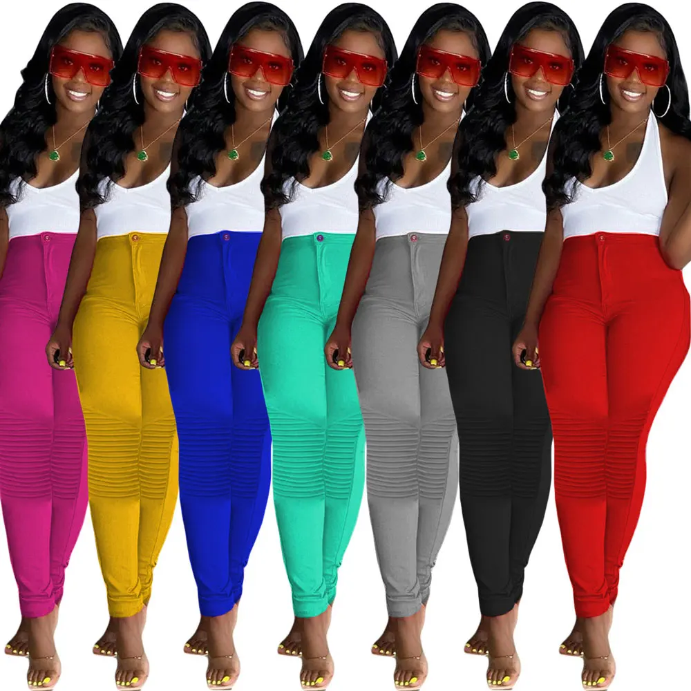 

20801-MX91 7 solid colors pleat knee tight casual pants women sehe fashion