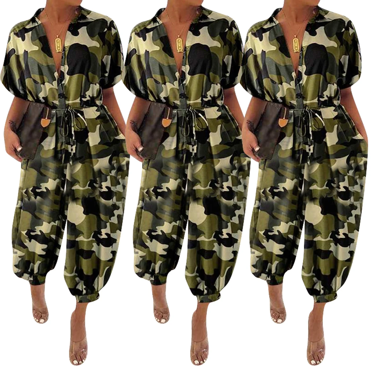 

NK180 hot sale camouflage ladies one piece jumpsuit lapel button belt short sleeve straight leg pants casual women jumpsuit