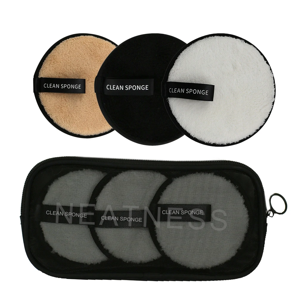 

3 pcs/set white black nude color Skin Care Machine Washable Face Makeup Remover Sponge Pads Set with Cosmetic Mesh Storage Bag, Customized color