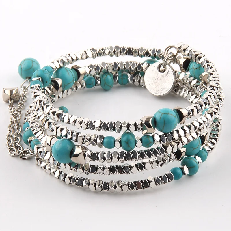 

Bohemian Jewelry Charm Bracelet Multi Layer Silver Magnetic Handmade Natural Turquoise Stone 5 wrap Copper wire Spring Bracelets