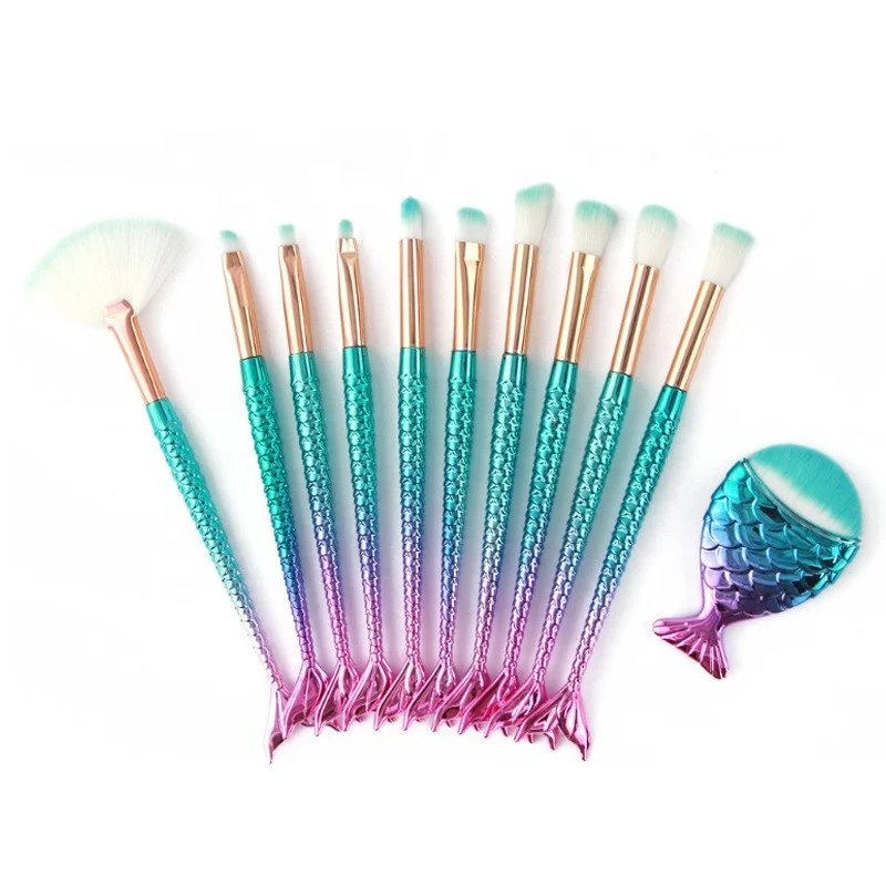 

10 11 pieces mermaid makeup brush set fishtail eye shadow brush gradient nose shadow halo dye fan fish foundation brush