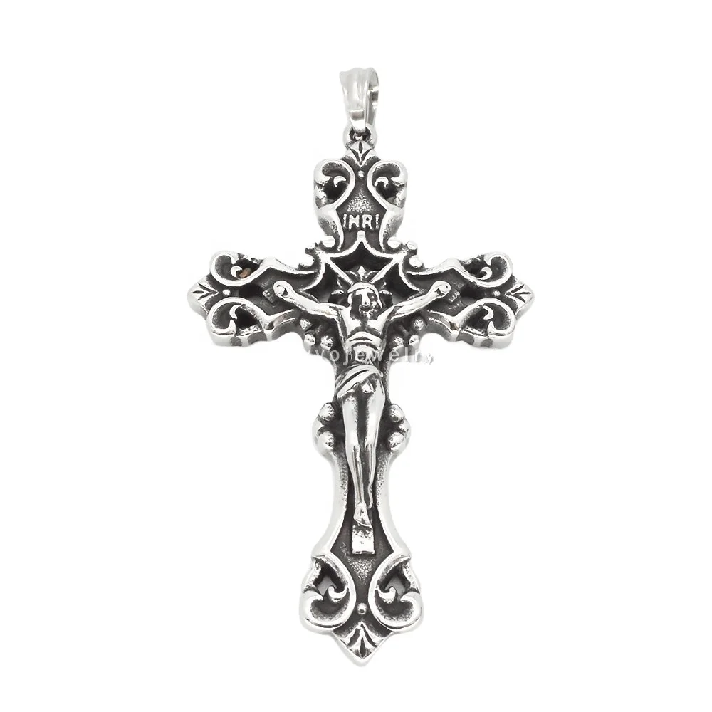 Classic Christian Jewelry Croix Jesus Necklace Retro Men's Stainless Steel Cross Pendant Silver