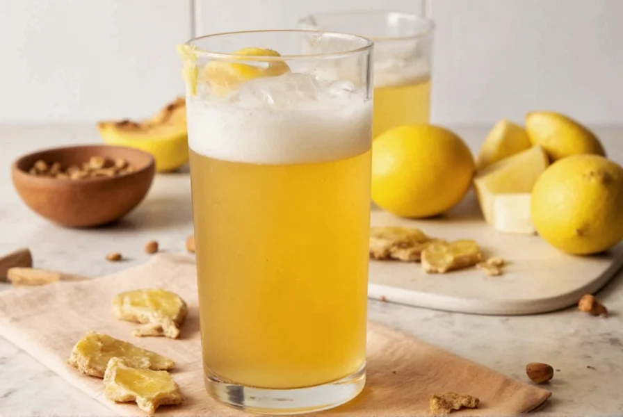 Fresh ginger root, organic sugar, lemons, and filtered water arranged for homemade ginger ale preparation