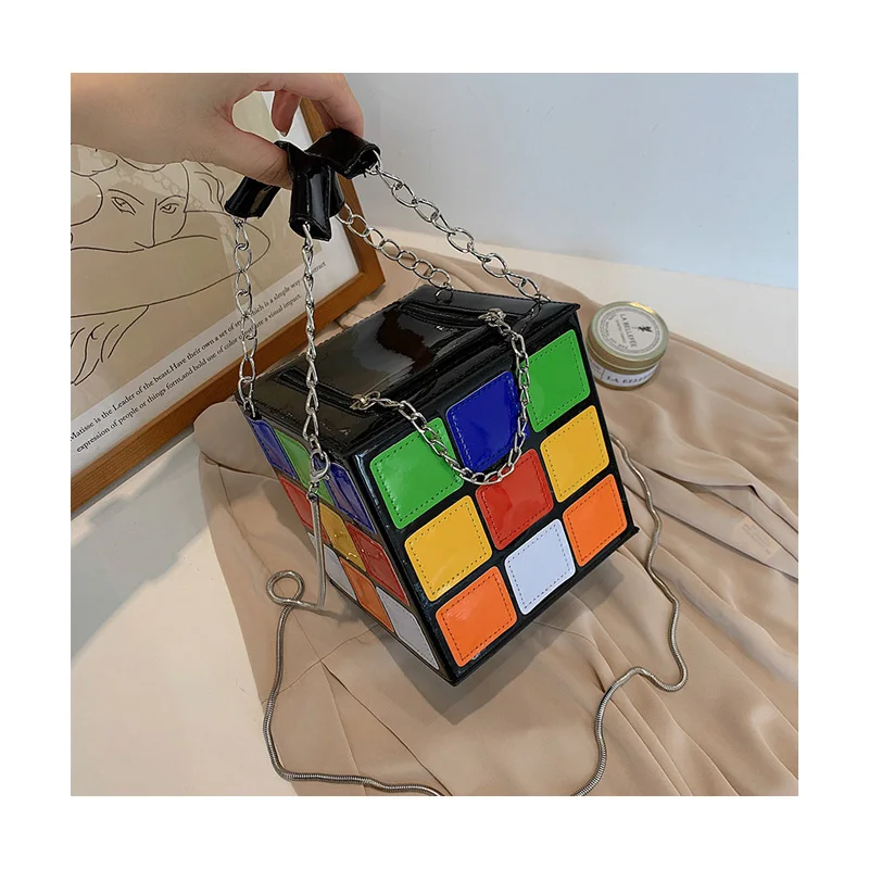 

New Rubik's Cube Design Box Bag Leather Lady Handbag Shoulder crossbody Bag