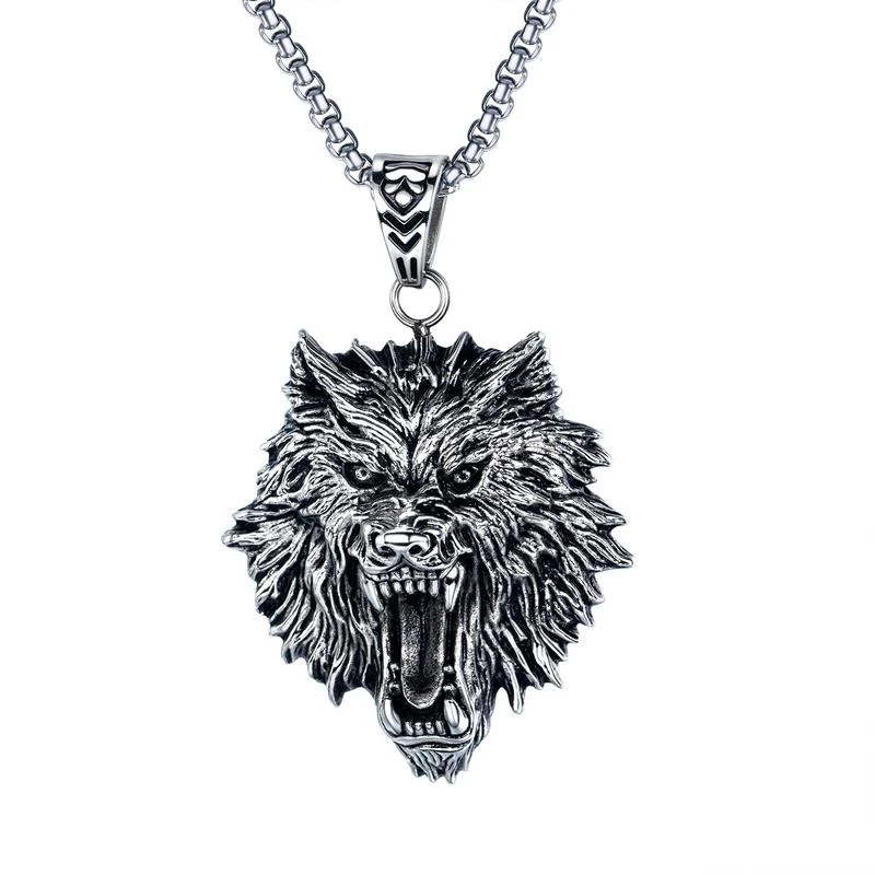 

JUHU New Vintage jewelry punk rock personality stainless steel pendant titanium steel wolf head men's necklace wholesale, Gold/sliver