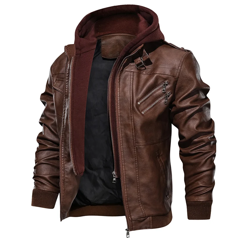 

Wholesale Fashion Men Jackets Jaqueta De Couro Masculino Brown Black Motorcycle Hooded Coat Veste Homme Men Jackets