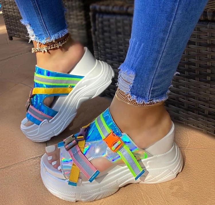 

Ladies Platform Thick-soled Shoes Colorful Buckle Belt Sandals Open Toe Wedge Heel Casual Women Slides Slippers, Picture