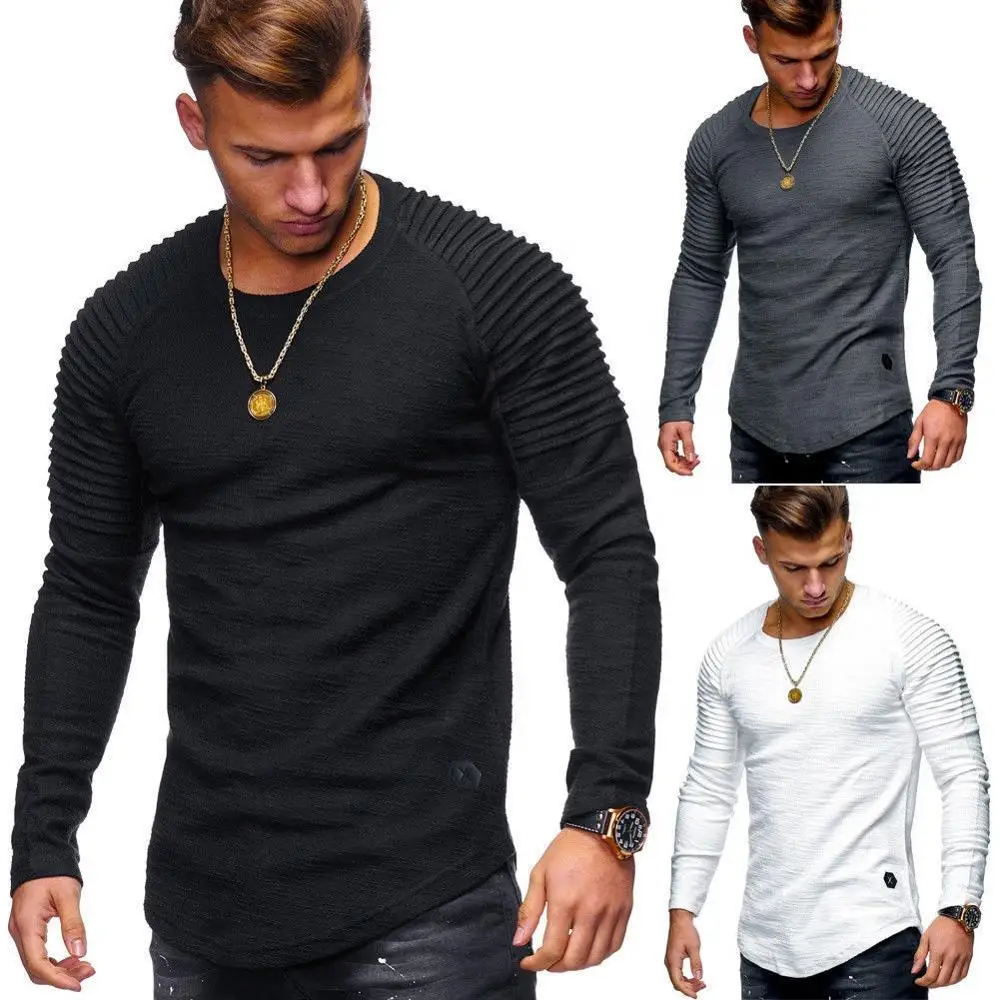 

Men's cotton outerwear casual slim-fitting ruffled rotator cuff long sleeve T-shirt, 4 colors