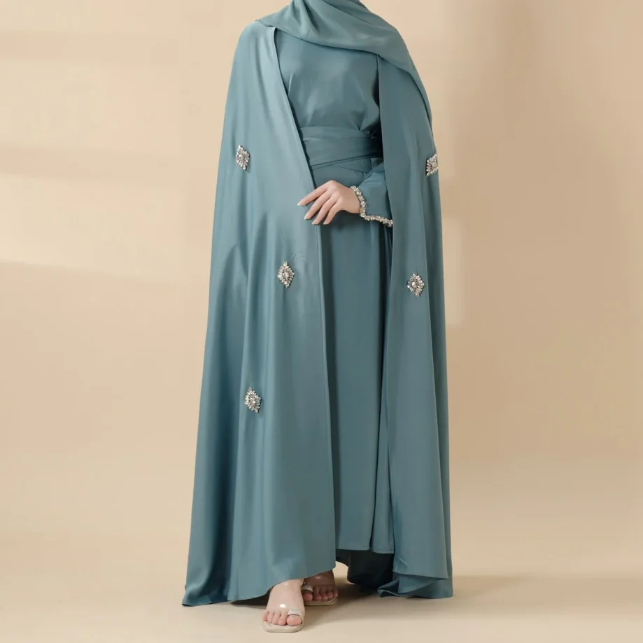 Modern Modest Plus Size Islamic Moroccan Caftan Abaya with Rhinestones Hijab Jersey Premium for Muslim Women