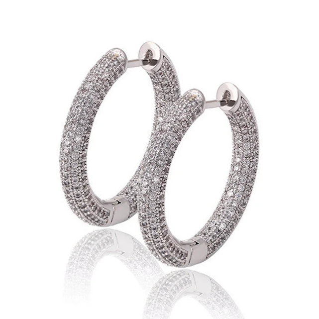 

KRKC&CO Iced Out Hip Hop Man and Women  CZ Micro Pave Earing Hooks Sterling Silver 925 Eearing Thick Diamond Hoop Earrings, Silver color