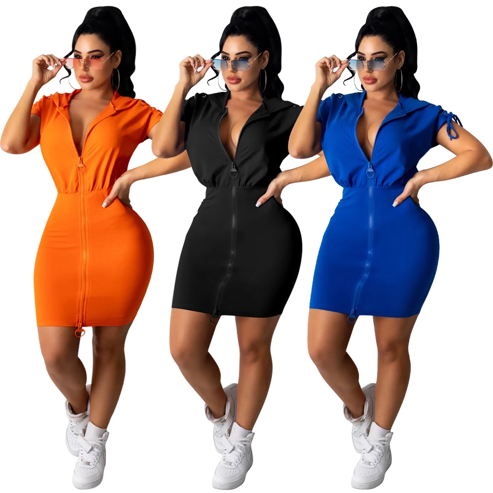 

2022 Ready to Ship summer Women's fashion new casual solid color strap zipper hooded bodycon dress