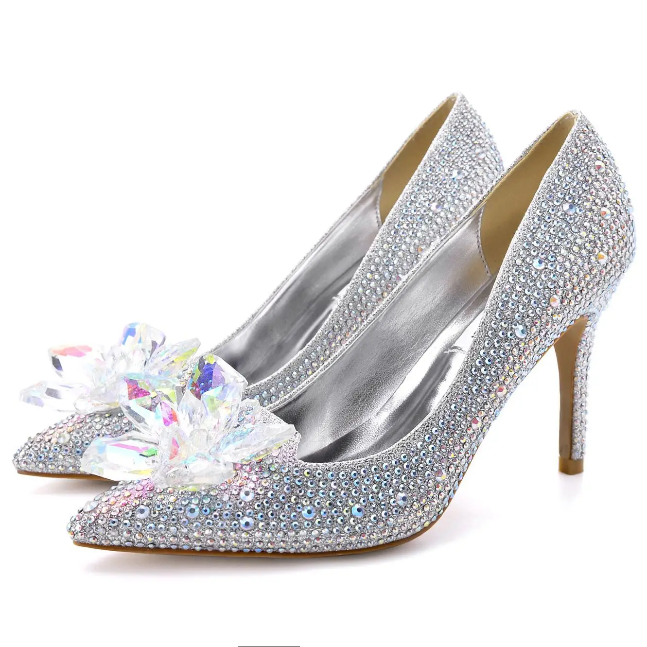 

2021 New Cinderella Crystal Shoes Pointed Stiletto Sexy Shallow Mouth Female High Heels Female Silver Rhinestone Wedding Shoes, Women high heel shoes
