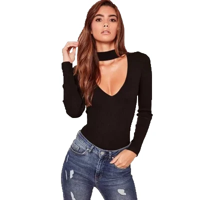 

Sexy Womens Long Sleeve Bodysuit Choker Romper Deep V Neck Bodycon Body Suit One Piece Fitness Overalls Body Mujer, Customized color