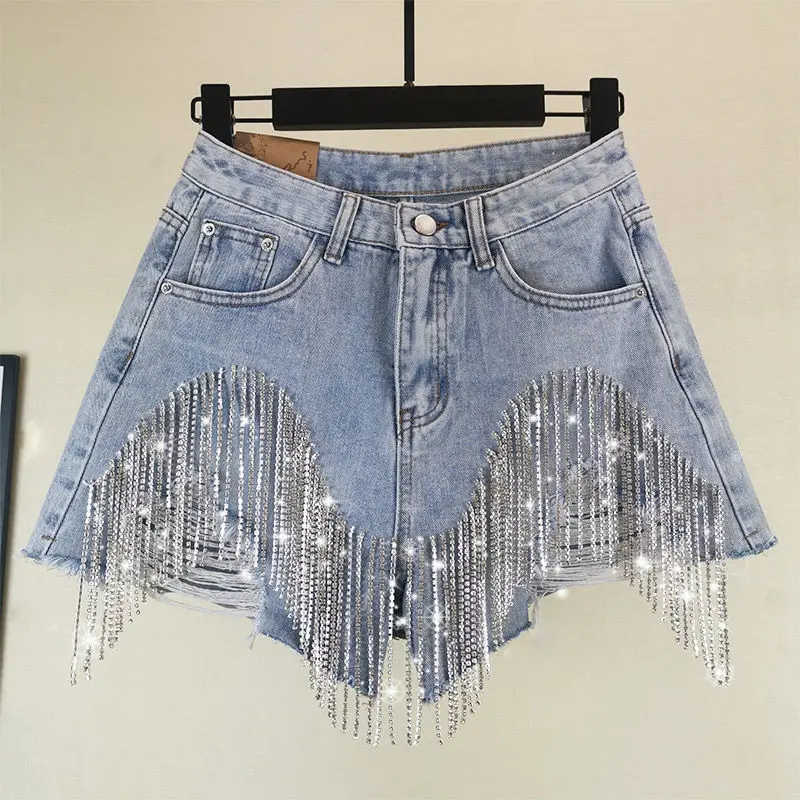 

New arrival women denim sexy rhinestone tassel chain irregular beading shorts jeans for woman