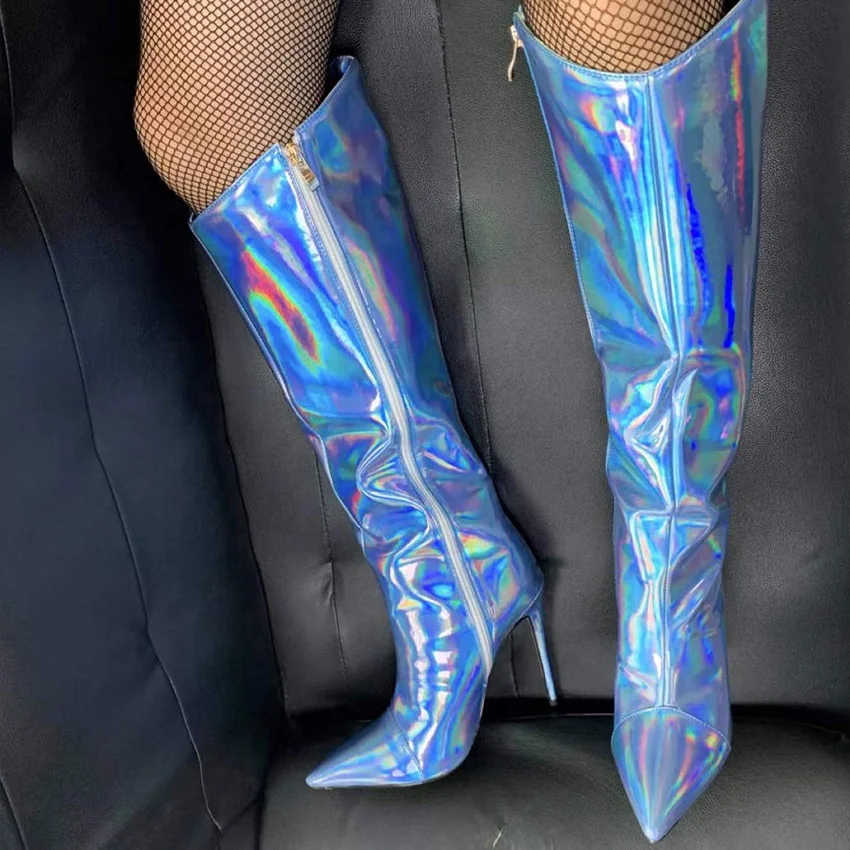 

Metallic Leather Upper With Leather Sole Knee High Boots Side Zip Stiletto Heel Pointed Toe Iridescent Long Boots for Lady, Black,silver,gold,blue,piink