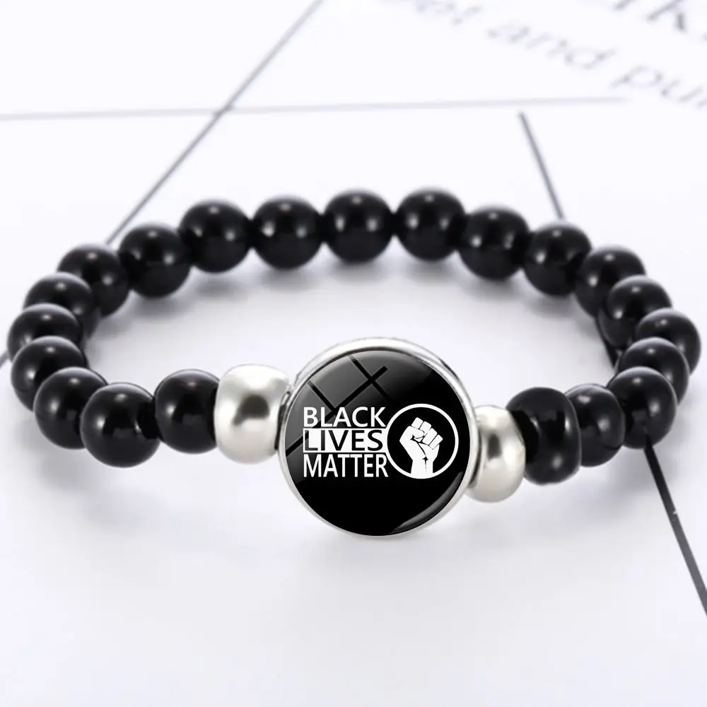 

Promotional Black Lives Matter I can't Breathe Support Black Hear Us Snap Button Pearl Beads Beaded Bracelets for Women, Multi-colors/accept custom colors