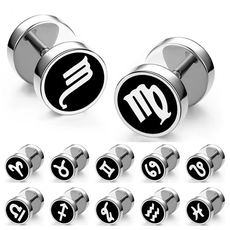 

SC 2024 New Geometric Double Round Black Earrings Titanium Stainless Steel 12 Zodiac Dumbbell Stud Earrings for Men Women