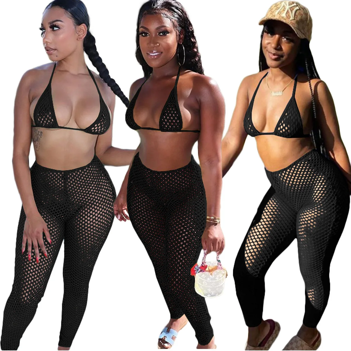 

Sexy Mesh Bikini Set Summer Halter Neck Swimwear Hollow Out Cute Three Piece Bathing Suits For Ladies 2021