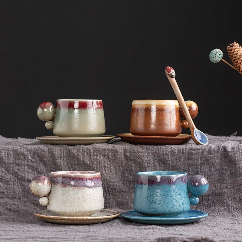 Bulk Rustic Premium Vintage Creative Spherical Handle Ceramic Tea Cups and Saucers Sets