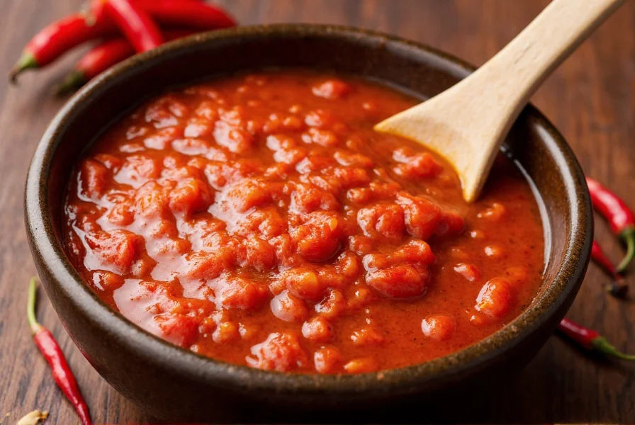 Close-up of traditional Korean gochujang in ceramic bowl with wooden spoon and red chili peppers