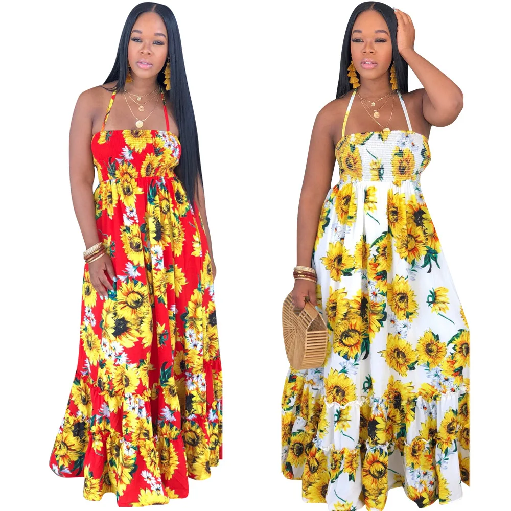 

2019 new ladies sexy dress sunflower print halter long skirt, White, red