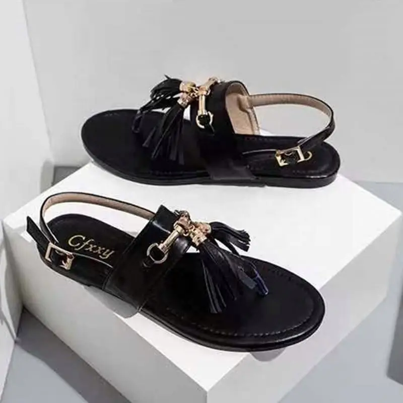 

New Trendy Fringe Ornament Flat Sandals for Girls Ankle Strap Fashion Shoes Women Summer Slides, Black,white,apricot
