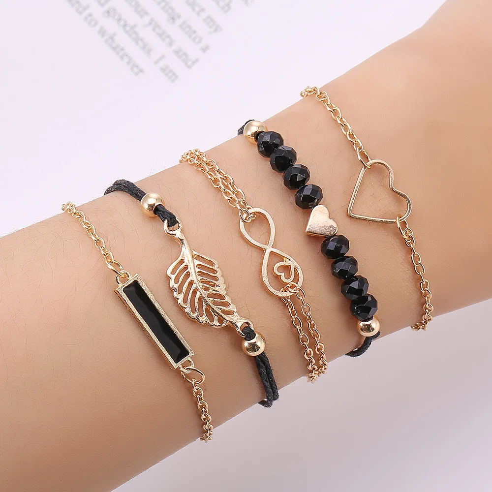 

5Pcs/ Set Multilayer Crystal Gem Knot Bracelet Adjustable jade bracelet Set Women
