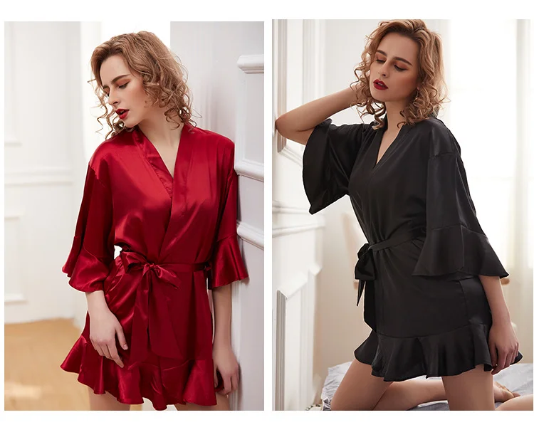 

Women's Pure Colour Oblique V-Neck Short Satin Kimono Robe, Pink/red/black/champagne/customized