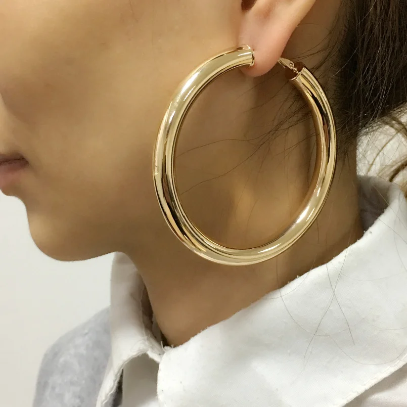 

70mm Lightweight Statement Earring Women Gold Large Plated Chunky Thick Copper Personalized Oversize Big Hoop Earrings, Gold, silver