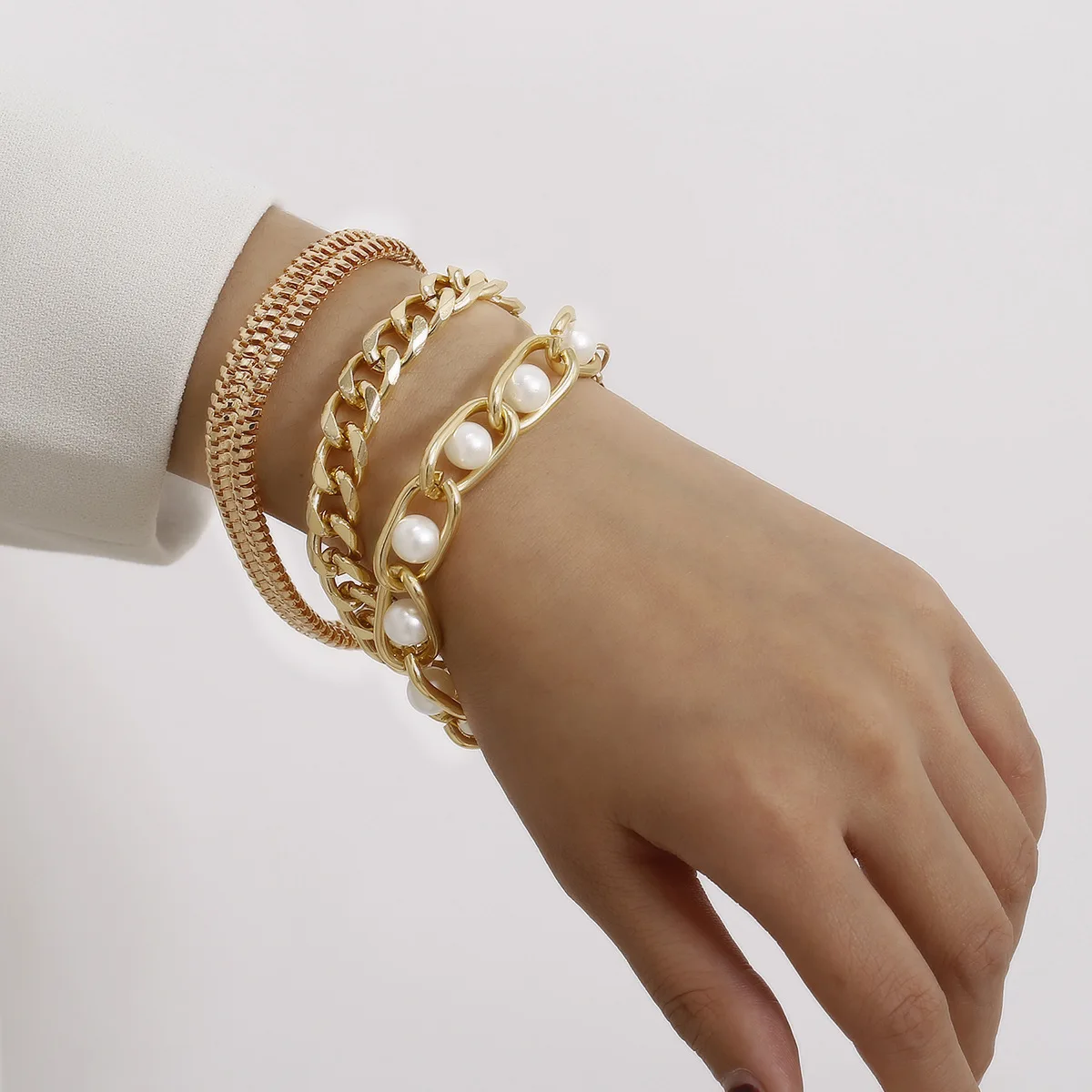 

3 Pcs/set punk women cuban chain link bracelet set gold pearl bracelet jewelry