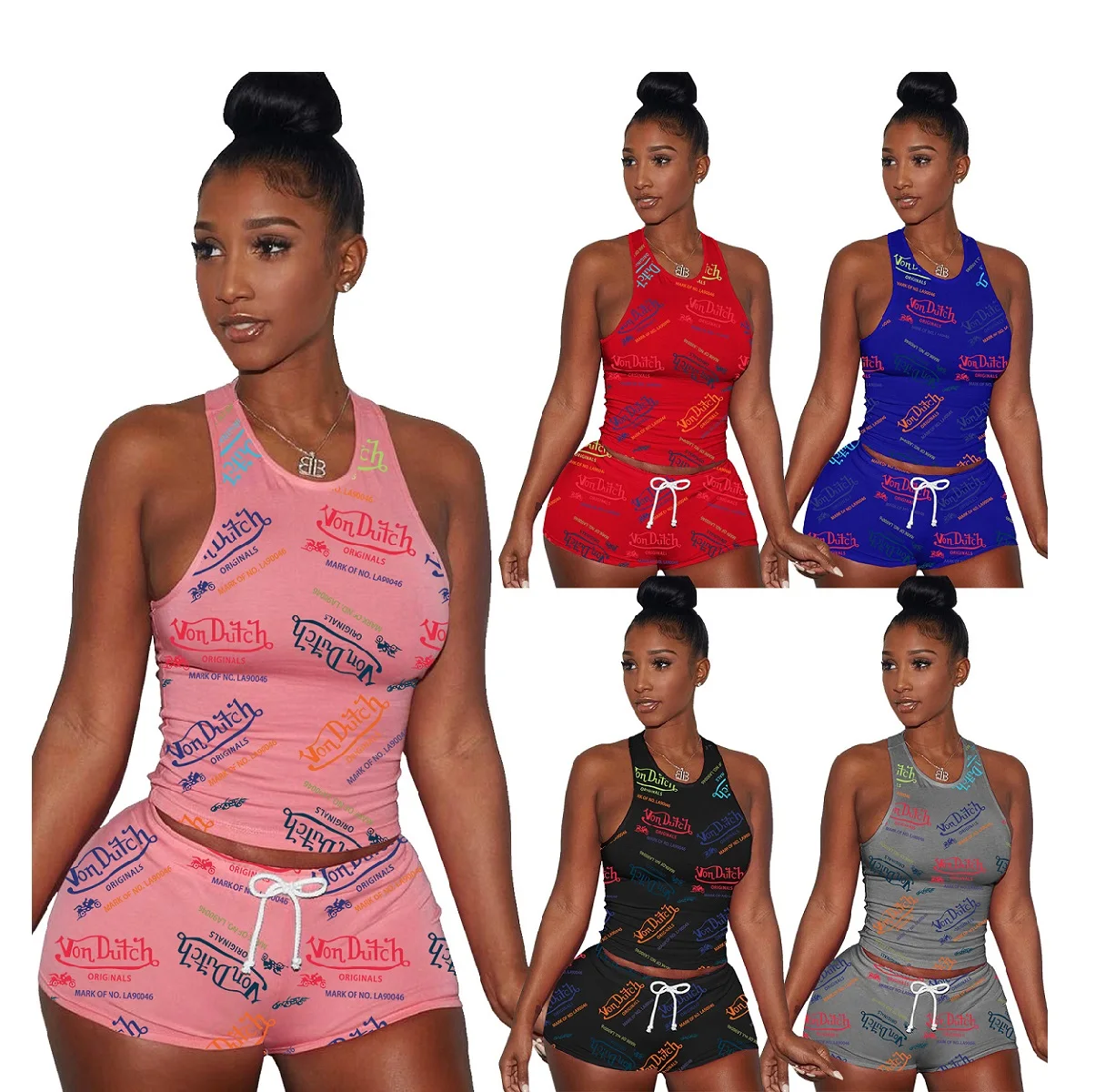 

2021 Summer Street Outfit Fashion Graffiti Print Sexy Crop Top Sleeveless Vest Top and Short Pants Two Piece Short Set for Women, Picture