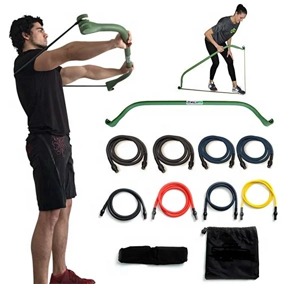 

Wellshow Sport Bow Portable Home Gym Resistance Band System Heavy Set Weightlifting and HIIT Interval Training Kit, Green