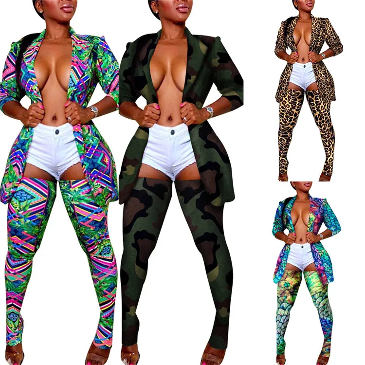

EB-20102231 Fashion Lady 2 Pcs Print Turn-down Collar Jacket And Long Tights Plus Size Sexy Women Two Piece Set, Picture