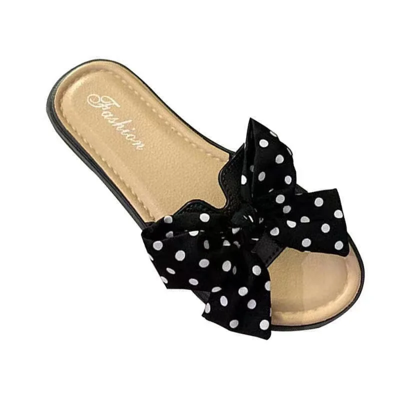 

2022 summer new bow slippers flower beach shoes sandals women's net red ins flat shoes